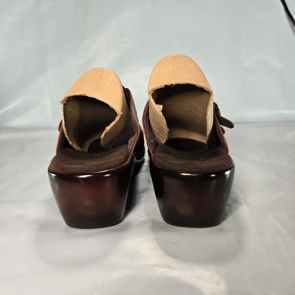 SAS Womens Mahogany Brown Leather Wedge Slide Sandals Fisherman Buckle Size 10.5